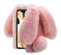 for iPhone Xs/X 5.8 inch Case, Aearl Rabbit Fur Ball Case,Luxury Cute 3D Homemade Diamond Winter Warm Soft Furry Fluffy Fuzzy Bunny Ear Plush Pink Phone Case Cover for Girls Women