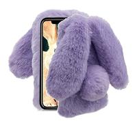 for iPhone Xs/X 5.8 inch Case, Aearl Rabbit Fur Ball Case,Luxury Cute 3D Homemade Diamond Winter Warm Soft Furry Fluffy Fuzzy Bunny Ear Plush Purple Phone Case Cover for Girls Women