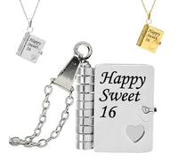 For Juniors - Happy Sweet 16 Book Necklace, Personalized Openable Sweet 16 Gifts Book Necklaces for Women, My Little Star Hummingwings book Necklace, Carries Everlasting Love (Silver)