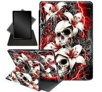 for Kindle Fire 7 case 2019 2017 Release 9th 7th Generation,360 Degree Rotating Stand Smart Protective Cover Case for Amazon fire 7 Tablet 9th/7th Generation,Skulls and Lily Flowers