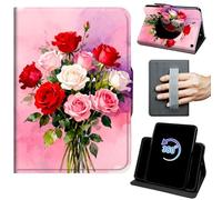 for Kindle Fire Max 11 Case 13th Generation 11 inch 2023 Release 360 Rotating Degree Stand Auto Wake/Sleep Protective Cover with Hand Strap & Magnetic Clasp - Watercolor Red Pink Roses Flowers