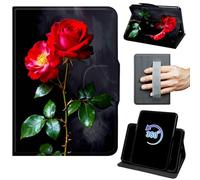 for Kindle Fire Max 11 Case 13th Generation 11 inch 2023 Release 360 Rotating Degree Stand Auto Wake/Sleep Protective Cover with Hand Strap & Magnetic Clasp - Red Roses with Green Leaves