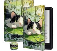 for Kindle Paperwhite 11th Gen 6.8" Signature Edition E-Reader 2021, Slim Folding Soft PU Leather Smart Stand Cover Case with Auto Wake/Sleep Plus 1 Screen Clean Pad, Cat Lotus