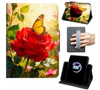 for Kindle Scribe Case for Kindle Scribe Cover 10.2 inch 2022/2024 Release 360 Rotating Degree Stand Auto Wake/Sleep Protective Cover with Hand Strap & Magnetic Clasp - Butterflies on Red Rose Flowers