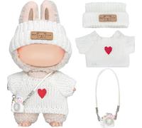 for Labubu 17cm Doll Clothes Set - 3-Piece Knit Outfit (Sweater, Hat, Camera), Machine Washable Soft Yarn, Cute Doll Accessories for Labubu (No Doll Included) (White)