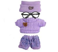 for Labubu Clothes 17cm Doll Clothes Set 3pcs, Hat & Overalls Set for 17cm Doll Accessories Suit, Sweater Skirt Cute Clothes Outfit for Dress up Unique Style (purple3pcs-Pants+ Shoes+Glasses)