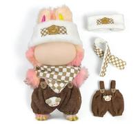 for Labubu Plush Doll Clothes Set, 17cm/15cm Doll Outfit with Furry Hat + Checkered Scarf + Brown Overalls, Ideal for Collecting & Gifting (NO Doll) (Style 1)