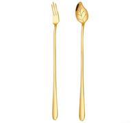 For LEAF Design Spoon and Fork Set with Long Handle Made of Rust Resistant 304 Stainless Steel, Suitable for Coffee and Dessert Use and Easy Cleaning (Silver)