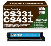 For Lexmark CS331 CS431 CX331 CX431Toner Cartridges with Chip Compatible 20N20C0 20N20K0 20N20M0 20N20Y0 for Lexmark CS331DW CX331ADWE CS431DW CX431ADW Printers,Cyan-CS331
