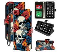 for Lively Jitterbug Smart 4/TCL 40XL/TCL 40T Wallet Case with RFID Blocking, 4 Card Holders, Kickstand, Wrist Strap - Magnetic Leather Flip Protective Cover for Women, Skulls, Red Roses, Flames