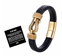 For Love - I Love You Forever and Always Horseshoe buckle leather bracelet, Men’s Stainless Personalized Leather Braided Rope Horseshoe Buckle Bracelet for Men, Husband, Boyfriend (Gold, 19cm)