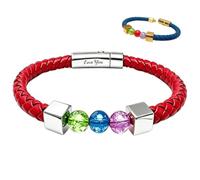 For Love-Personalized Birthstone Leather Bead Bracelet, Customized Beads 1-7 Family Birthstone with Engraved, Handmade Braided Bracelet Gifts for Men Husband Valentines Father's Day (Red)