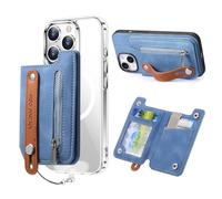 for Magsafe Wallet,Magnetic Cell Phone Card Holder for iPhone 16/15/14/13/12 Series,Up to 4,000Gs Magnet Strength,with Stand Function,Leather Wristband,RFID Blocking,Fit 4 Cards,Vegan Leather, Blue