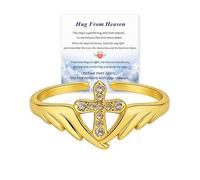 For Memorial-Open Cross Wing Slim Ring, Cross Ring Angel Wings Ring for Women, Feather Angel Wings Ring, Memorial Rings Jewelry Gift for Lost Loved One (Gold)