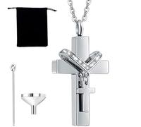 For Memorial - Urn Necklace for Ashes, Forever in My Heart Birthstone Personalized Double Cross Urn Pendant Amulet, Memorial Keepsake Jewelry Gifts for Women Men (Silver)