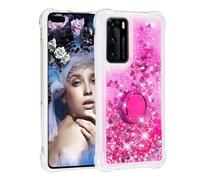 for Moto Edge 5G 2024 Case with Ring Holder, 3D Glitter Quicksand Flowing Liquid Bling Sparkle Cute Clear Transparent TPU Gel Silicone Shockproof Cover Protective Case for Moto Edge 5G 2024 rose Red