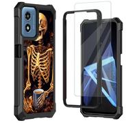 for Moto G 5G 2024 Case,Moto G Play 5G 2024 Case,with Tempered Glass Screen Protector, Durable PC and TPU Bumper Raised Corner Edge Case for Motorola Moto G 5G 2024,Human Skeleton and Coffee