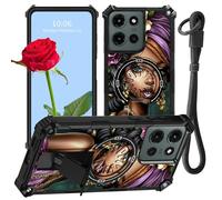 for Motorola Moto G Play 5G 2025 Phone Case with Wrist Strap Hybrid Dual Layer Stand Kickstand Soft TPU Bumper Hard PC Heavy Duty Shockproof Protective Cover for Girls Women Men,African American Women