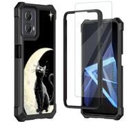 for Motorola Moto G-Power-5G-2024 Case,with Tempered Glass Screen Protector, Durable PC and TPU Bumper Raised Corner Edge Case for Motorola G Power 5G 2024,Black Cat Moon