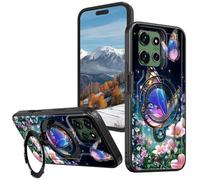 for Motorola Moto G Power 5G 2025 6.8 Inch Case with 360° Rotatable Ring Stand, Wireless Charging Compatible, Military Grade Rugged Shockproof Heavy Duty Protective Case, Purple Butterfly Flowers