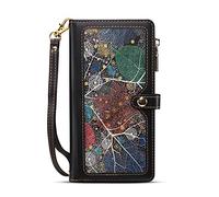 For Motorola Moto G05 / E15 Zipper Case RFID Blocking 11 Card Slots with Strap Shockproof Leather Flip Wallet Handbag Zip Pocket Cover Stand Magnetic Shell |Leaf Vein| for Moto G05 / E15 Black