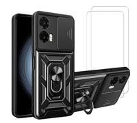 for Motorola Moto G35 5G Case with [2 Pack] Tempered Glass Screen Protector, Moto G35 Heavy Duty Protective Armor，Lens Protects Magnetic Kickstand Holder Phone Case Black
