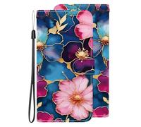 for Motorola Moto G8 Power Lite Case with Gold-edged Blue and Pink Flowers Design,Card Holders, Blossom Floral PU Leatehr Flip Wallet for Women, Kickstand Wrist Strap Shockproof Phone Case for Girl