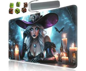 for MTG Playmat, Card Game Mat with Non-Slip Rubber Base and Stitched Edges, 24 x 14 in for DND and for TCG Play Mat with Storage Bag and 6 Dice, Sexy Witch Pattern Board Game Pad