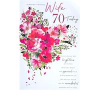 For My Wonderful Wife 70 Today - 70th Birthday Greeting Card - Gold Foil Finished Red Roses Bouquet Design