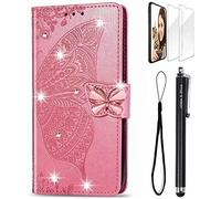For Nokia C21 Plus Case 3D Glitter Bling Sparkly Gems Butterfly Flip Case Stand PU Leather Wallet Phone Case Card Slots Magnetic TPU Shockproof Nokia C21 Plus Cover Screen Protector (Pink)
