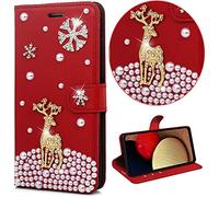 for Nokia C22 4G Red Case for Women Girls 3D Glitter Sparkle Bling Case Luxury Shiny Cute Christmas elk Bling Glitter Pattern Bumper Protective Cases Cover Wallet PU Leather Case for Nokia C22 4G