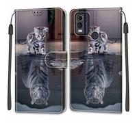 for Nokia C22 Case, PU Leather Wallet Book Flip Folio Stand View Cover Pouch Compatible with Nokia C32 Phone Case - Cat and Tiger