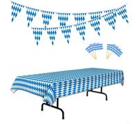 for oktoberfest Table Cloth Set with Banner and Flags Blue White Checkered Plastic Cover for Bavarian Beer Party Decoration 275x128cm