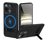 for OnePlus 15 Case Compatible with MagSafe, Built-in 3-Way Kickstand & Strong Magnetic Ring, Carbon Fiber Texture Leather Back Military Grade Protection Phone Cover Case for OnePlus 15 (Black)