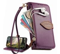 for Oppo A2 5G Phone Case with Credit Card Holder, Kickstand, Leaf Patterns Magnetic Zipper Purse Cover, Oppo A2 5G Handbag-Purple