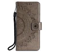 for OPPO Reno12 F 5G Case, Shock-Absorption PU Leather Embossed Mandala Wallet Cases with Kickstand Card Slots Magnetic Flip Notebook Shockproof Bumper Phone Case for OPPO Reno12 F 5G grey
