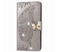 for Oppo Reno12 Pro Case 3D Glitter Bling Sparkly Gems Butterfly Flip Case Stand PU Leather Wallet Phone Cases Card Slots Magnetic Silicone Bumper Shockproof Cover for Oppo Reno12 Pro grey