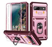 for Pixel 7A Case with Camera Cover Slider, 2*Screen Protectors,Build in 360°Rotating Ring Kickstand, Military Grade Protective Case for Google Pixel 7A 6.1"-Wine Red/Pink