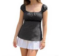 for polka Dot Blouse for Women, Fairy Cap Sleeve Tie Back Flowy | for top, Vintage Aesthetic Style Summer Shirt, Beach Holiday Vacation Clothes, Dark