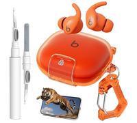 for Powerbeats Fit Case with Secure Safety Lock,Shockproof Scratch-Resistant TPU Transparent Protective Cover Accessories for Beats Powerbeats Fit 2025 with Cleaner Kit & Carabiner (Clear Orange)