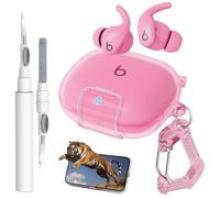 for Powerbeats Fit Case with Secure Safety Lock,Shockproof Scratch-Resistant TPU Transparent Protective Cover Accessories for Beats Powerbeats Fit 2025 with Cleaner Kit & Carabiner (Clear Pink)