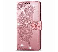 for Redmi Turbo 3 Case 3D Glitter Bling Sparkly Gems Butterfly Flip Case Stand PU Leather Wallet Phone Cases Card Slots Magnetic Silicone Bumper Shockproof Cover for Redmi Turbo 3 Rose gold