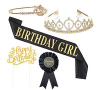 For Rhinestone Brooch Crown Embellished Black Silky Birthday Sash Gold Foil Clip-on Girls Shining Party