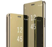 For Samsung A14 Case Clear View Mirror Mobile Phone Case for Samsung Galaxy A14 Flip Case Mobile Phone Case Protective Leather Foldable Hard PC Shockproof Cover Stand Flip Case A14 5G Cases (Gold)