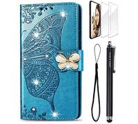 For Samsung A22 5G Case 3D Glitter Bling Sparkly Gems Butterfly Flip Case Stand PU Leather Wallet Phone Case Card Slots Magnetic TPU Shockproof Galaxy A22 5G 2021 Cover Screen Protector (Blue)