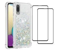 for Samsung Galaxy A02 Case with 2 Pack Screen Protector Liquid Flowing Transparent Cover Tough Shiny Glitter Silicone Bumper Shockproof Quicksand Cover for Samsung Galaxy M02 (Silver)