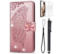 For Samsung Galaxy A12 Case 3D Glitter Bling Sparkly Gems Butterfly Flip Case Stand PU Leather Wallet Phone Cases Card Slots Magnetic Silicone Bumper Shockproof Cover Screen Protector(Rose Gold)