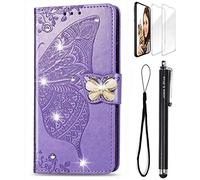 For Samsung Galaxy A12 Case 3D Glitter Bling Sparkly Gems Butterfly Flip Case Stand PU Leather Wallet Phone Case Card Slots Magnetic Silicone Bumper Shockproof Cover Screen Protector(Light Purple)