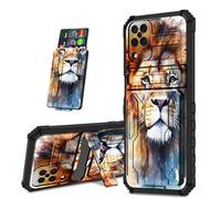 for Samsung Galaxy A12 Phone Case, Black Shock-Absorbing TPU with Kickstand Detachable IDs Credit Card Slot Wallet Case for Samsung A12,Lion Gaze