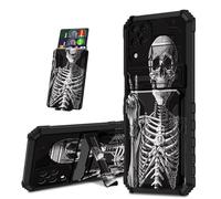 for Samsung Galaxy A12 Phone Case, Black Shock-Absorbing TPU with Kickstand Detachable IDs Credit Card Slot Wallet Case for Samsung A12,Rock Skeleton